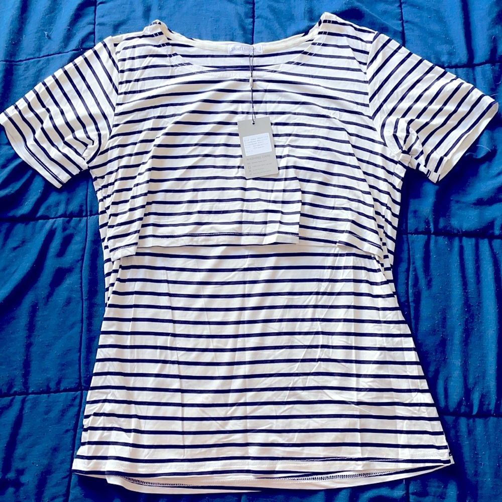 Small Show nursing shirt BRAND NEW navy and white striped size L